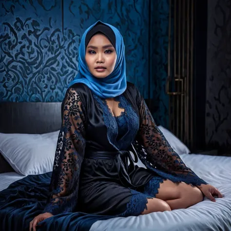 Aesthetic grave image, tense horror atmosphere, blue and black dominant background, best image quality, realistic and detailehigh quality, high resolution, high quality, best quality, 4k, 8k, 15 years young, mature Indonesian hijab woman, lace robe, pot be...