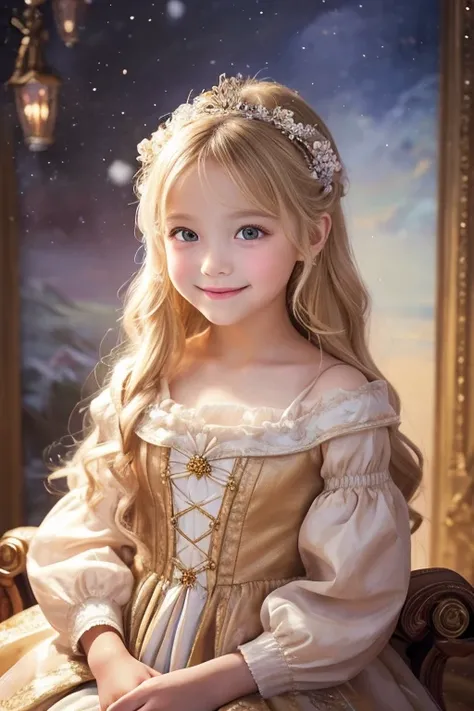 A 6-year-old beautiful girl painted in an oil painting style reminiscent of an impressionist painting.。She is fair-skinned and、With long blonde hair、She is wearing a gorgeous Rococo dress.。The backdrop is a magnificent, gorgeous, cinematic palace。Gentle li...