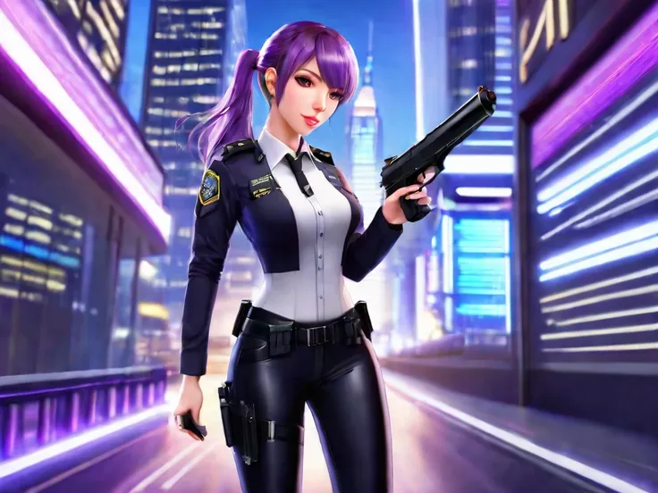 ((masterpiece)), ((best quality)), ((highres)), 1girl, solo, police officer, (matching pants, slacks), city backdrop, (holding a...