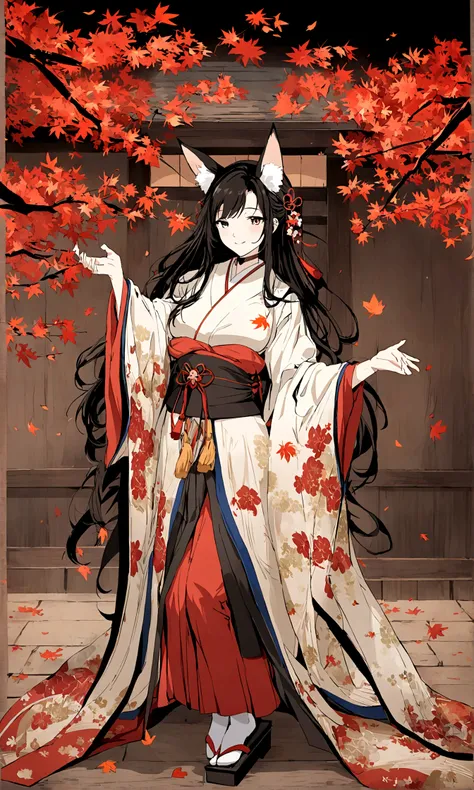 （Fox ears），Mature and elegant，身穿kimono的女性、Long hair，（kimono，White tabi and geta），shrine，Shrine maiden，Gentle smile，美丽的shrine风景，Autumn,maple，Anime Background，Japanese art style,, 8K，fallen leaves