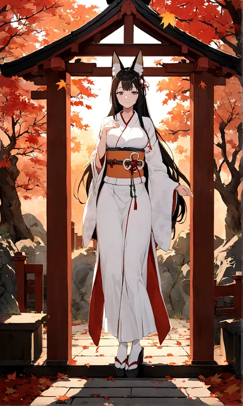 （Fox ears），Mature and elegant，身穿kimono的女性、Long hair，（kimono，White tabi and geta），shrine，Shrine maiden，Gentle smile，美丽的shrine风景，Autumn,maple，Anime Background，Japanese art style,, 8K，fallen leaves