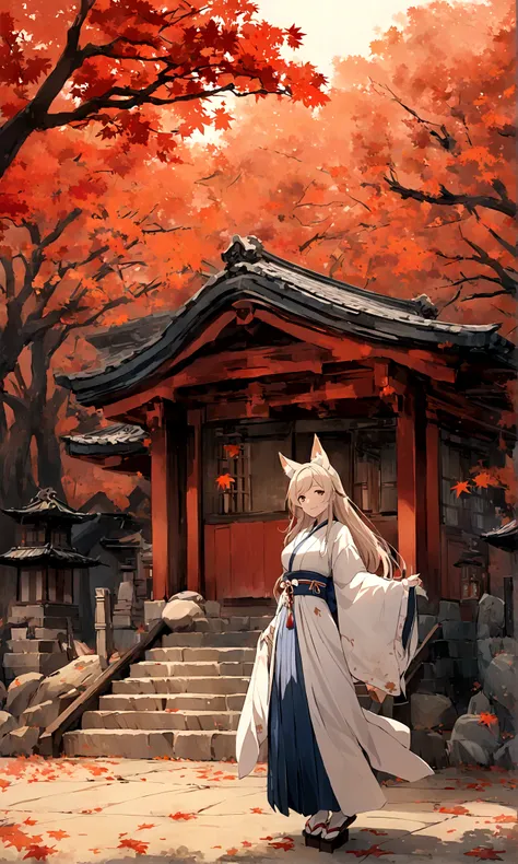 （Fox ears），Mature and elegant，身穿kimono的女性、Long hair，（kimono，White tabi and geta），shrine，Shrine maiden，Gentle smile，美丽的shrine风景，Autumn,maple，Anime Background，Japanese art style,, 8K，fallen leaves