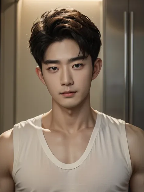 best quality, high quality, a high resolution, 4k, masterpiece, detailed face, handsome 29 year old korean man, tank top, he is ...