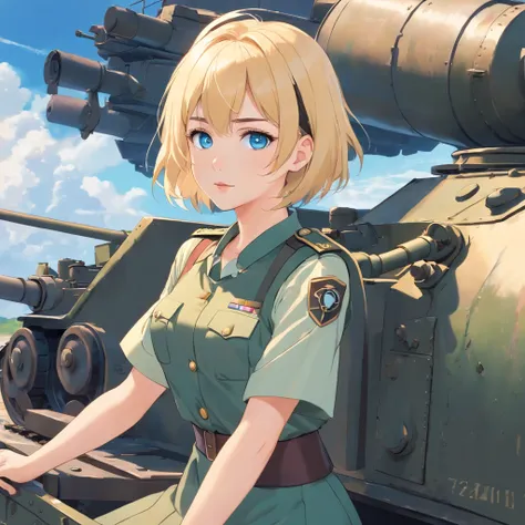 17 years old Women, ((Blonde)), ((Blue eyes)), ((Short hair)), ((Full shot)), very detailed makeup, pale pink lipstick, dressed in a German tank uniform leaning out of the turret hatch of a Panzer V panther