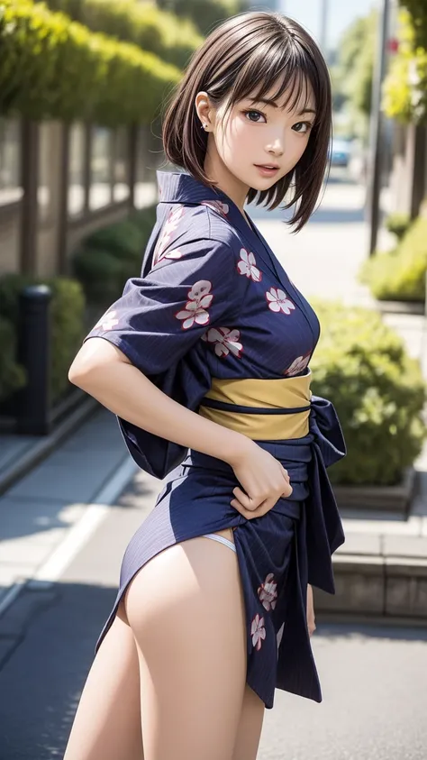 8K quality、High resolution、Realistic skin texture、High resolutionの瞳、woman、Japan summer yukata、Princess Hair、thin、リアルなwoman器、White thighs、Small breasts、Small breastsの谷間、Brown Hair、thin脚、Sweat、Shooting from the side、Bright sunshine