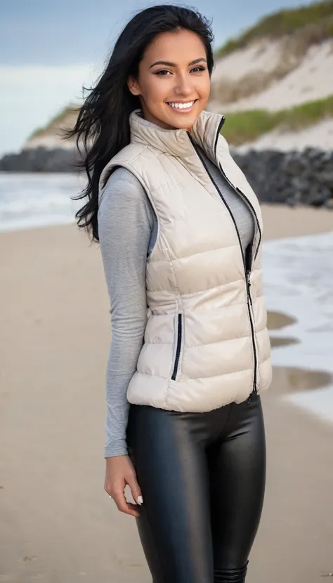 Portrait of a beautiful 25-year-old  woman, schwarze haare, beautiful latina, grey longsleeve with white padded vest and black faux leather leggins, am strand, (heller sand, helles und lebendiges Licht: 1.2), shy smile, very big , tanned, nsfw
