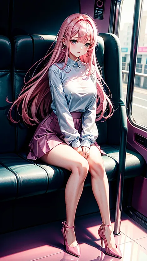 Clear images、Real women、Pink Hair,  
Side Tail, Slender figure ,Breasts are a little bigger than normal , Full body shot from head to toe, Shiny pink high heels、 blouse、mini skirt、Large ring earrings, Sit down in the back of the bus, 、I threw my head back ...