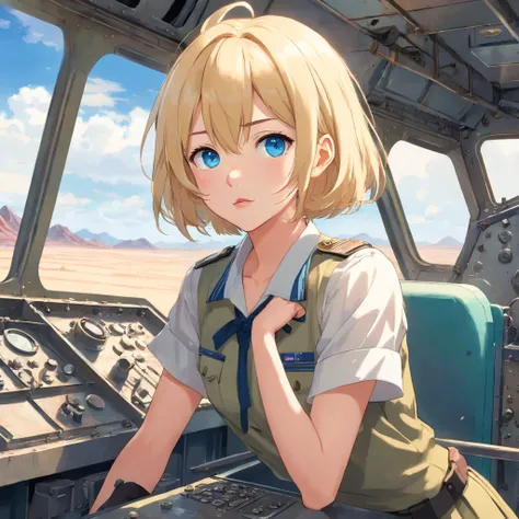 17 years old Women, ((Blonde)), ((Blue eyes)), ((Short hair)), ((Full shot)), very detailed makeup, pale pink lipstick, dressed in the uniform of a German tanker from the second Panzer division in the Second World War, leaning out of the turret hatch of a ...