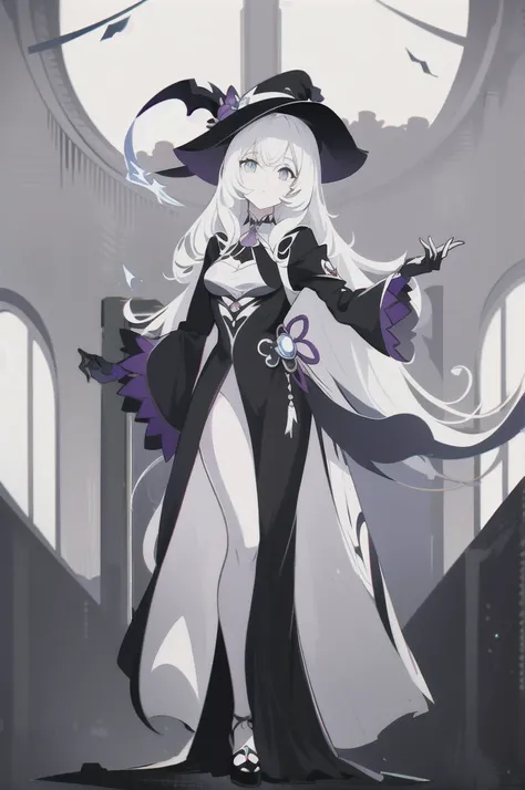 Anime - style image of a woman in a black and white suit., classical witch, fashionable dark witch, anime girl in black dress, Astral witch costume, witch girl, frivolous anime witch casting magic, symmetrical standing picture, black and white double eyes,...