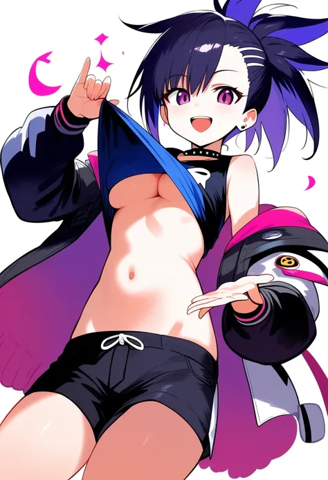 1girl, ultra high res ,looking at viewer , very large chest size, underboob , smile, open mouth, one hand pull shirt up, punk roco, jacket, shorts