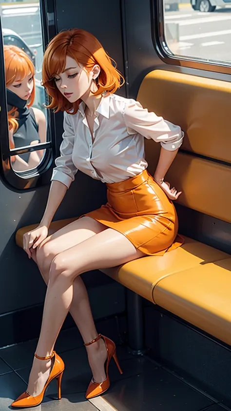 clear images、real women、orange hair,  
side tail, slender figure ,breasts are a little bigger than normal , full body shot from ...