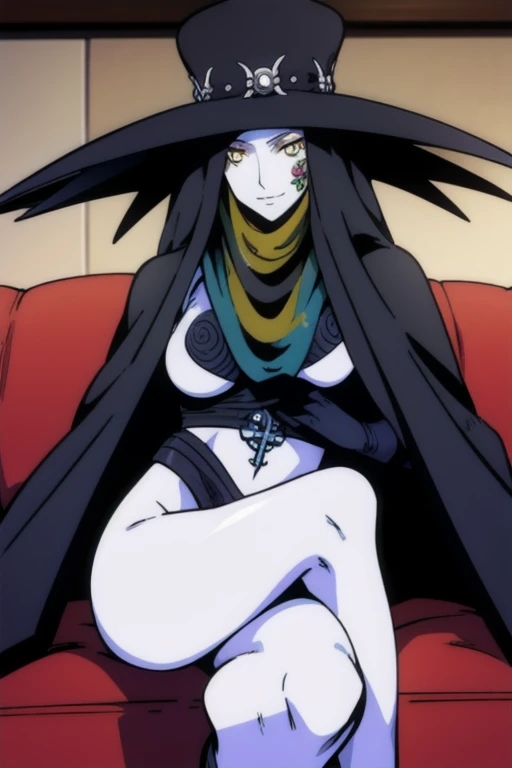 Masterpiece, best quality, Scathach, solo, female1, shin megami tensei, cape hat, black cape, flower tattoo, gloves, white skin, (yellow eyes 1.1), flowing, sitting, shirt, smile, couch, living room