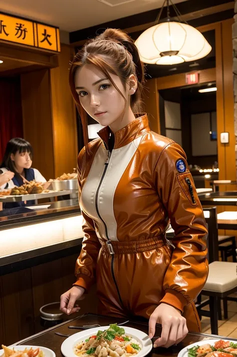 Anime style, Evangellion Asuka (hair pulled back, iconic pilot suit) is in a seafood restaurant celebrating victory, on the table in front of her is a huge steamed lobster meal
