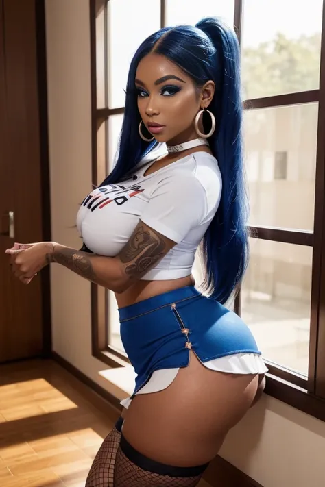 Afro cute girl , bimbo,Long eyelashes ,big lips,enlarged lips,big blue eyes,chubby cheeks,huge fake tits,narrow waist,wide hips,thick thighs,gigantic round ass,long legs,(chubby shapes), emo hairstyle long,(clothes:white T-shirt tied at the bottom, blue mi...