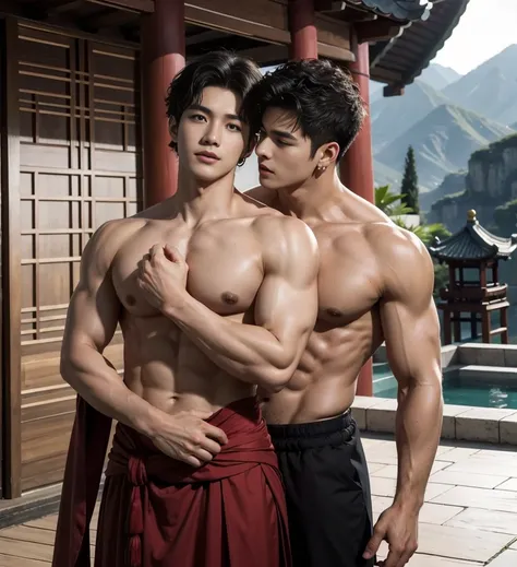 Two  handsome boys kiss, Smile at each other, striking ,Embrace, kiss, touch the lips, cuddle, Romantic,skin contact, 中國male神, myth, Practical, Journey to the West, Super handsome,male子气概,  Korean Idol, handsome korean actor, 20 years old,, Delicate face, ...