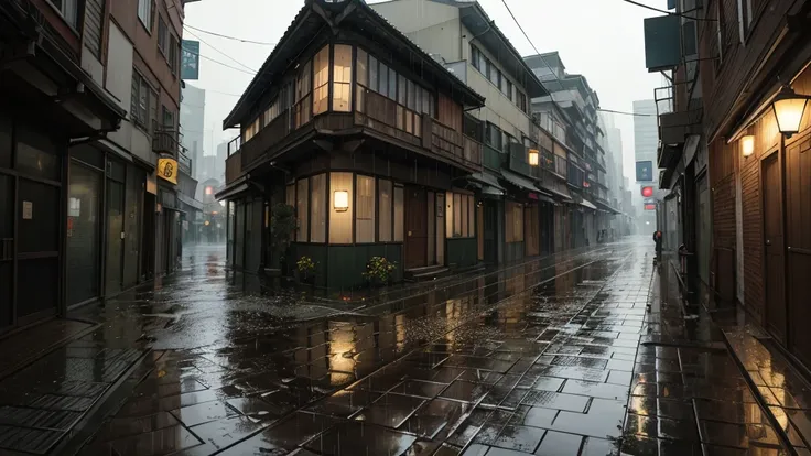 "No figures are present in any of the scenes. Landscapes, buildings, and rain-soaked flowers take center stage.""A rainy night under the streetlights. Puddles form in the alleyways.""A skyline of buildings from the Showa era. The atmosphere of a bygone era...