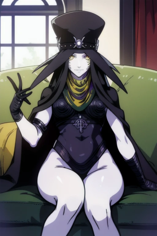 Masterpiece, best quality, Scathach, solo, female1, shin megami tensei, cape hat, black cape, flower tattoo, gloves, white skin, (yellow eyes 1.1), flowing, sitting, shirt, smile, couch, living room