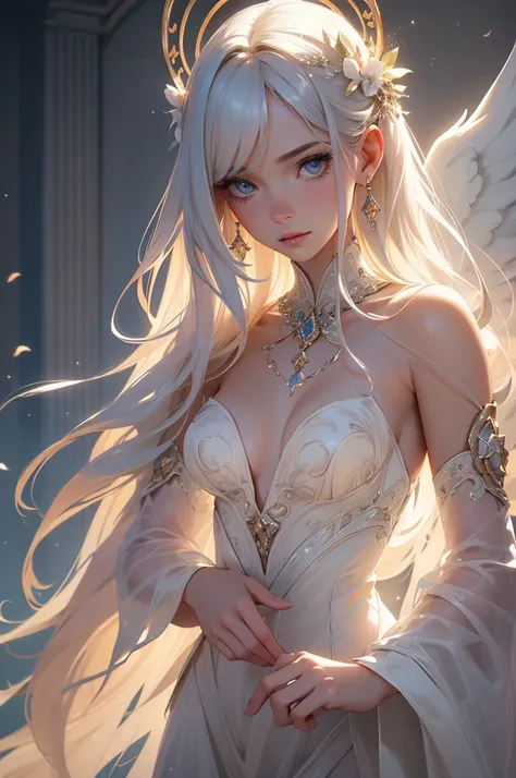 ((best quality)), ((realistic,digital art)), (hyper detailed) a beautiful angel woman with halo of light, semi-nude, intricate detailed face, delicate facial features, porcelain skin, ethereal, serene expression, elegant pose, feathered wings, graceful, di...