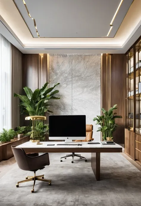 A luxurious CEO office with high-end materials, bathed in natural daylight. A large desk is the centerpiece, with a stylish backdrop of filing cabinets and decorations behind it. The room also features a 10-person meeting table and a premium sofa set. The ...