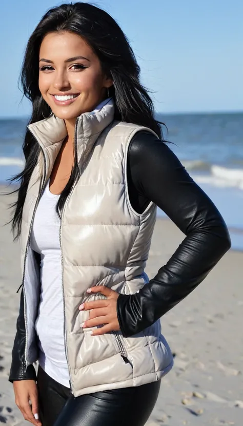 Portrait of a beautiful 25-year-old  woman, schwarze haare, beautiful latina, grey longsleeve with white padded vest and black faux leather leggins, am strand, (heller sand, helles und lebendiges Licht: 1.2), shy smile, very big , tanned, nsfw
