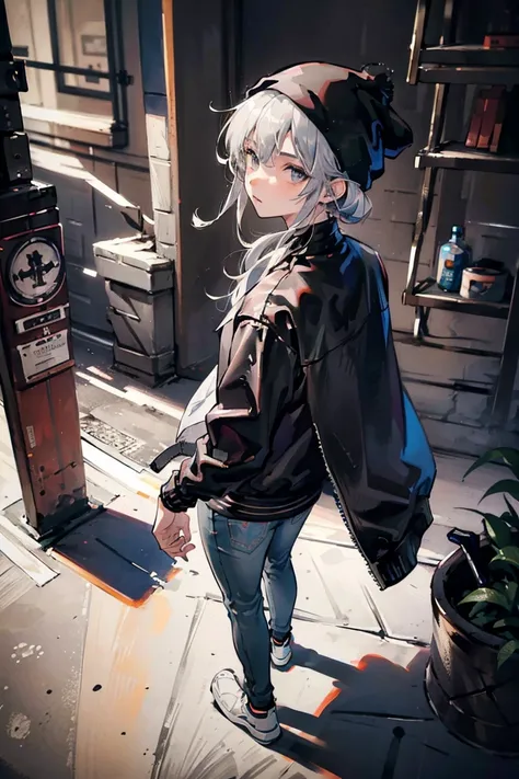 ((1 guy)), (silver hair), (beautiful almond-shaped gray eyes), cool, nine head proportions, standing, fitted white crew-neck t-shirt, (black leather biker jacket), blue skinny jeans, black high-top sneakers, a black beanie, silver aviator sunglasses, a lea...