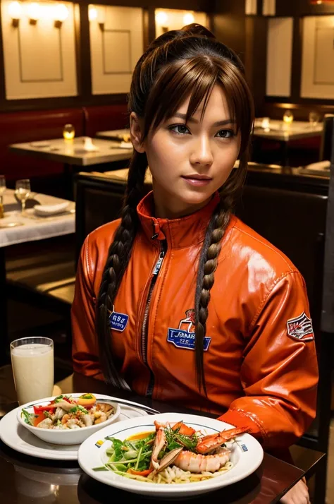 Evangellion Asuka (hair pulled back, iconic pilot suit) is in a seafood restaurant celebrating victory, on the table in front of her is a huge steamed lobster meal
