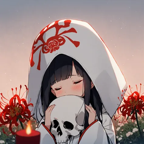 1girl、Black hair, long hair、straight hair、
white kimono,wedding,wataboushi,uchikake,standing,white hood,、shiromuku、 skull, cheeks to skull, red candle、red spider Lily、flower garden、evening,faint light、deep shadows