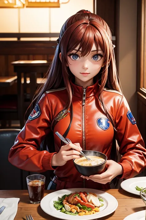 Evangellion Asuka (hair pulled back, iconic pilot suit) is in a seafood restaurant celebrating victory, on the table in front of her is a huge steamed lobster meal
