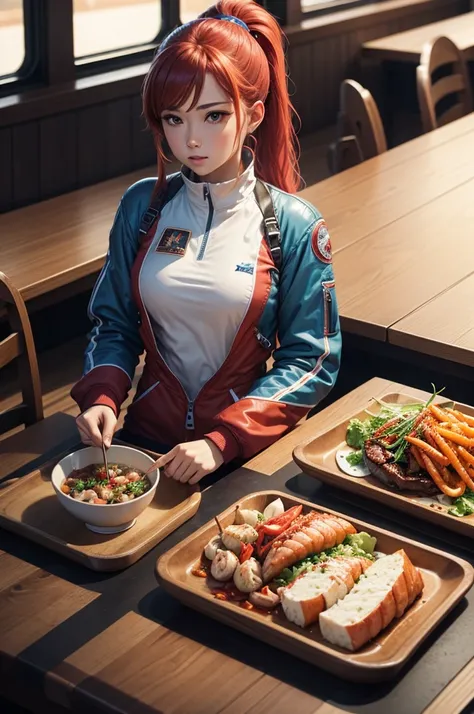 Evangellion Asuka (hair pulled back, iconic pilot suit) is in a seafood restaurant celebrating victory, on the table in front of her is a huge steamed lobster meal
