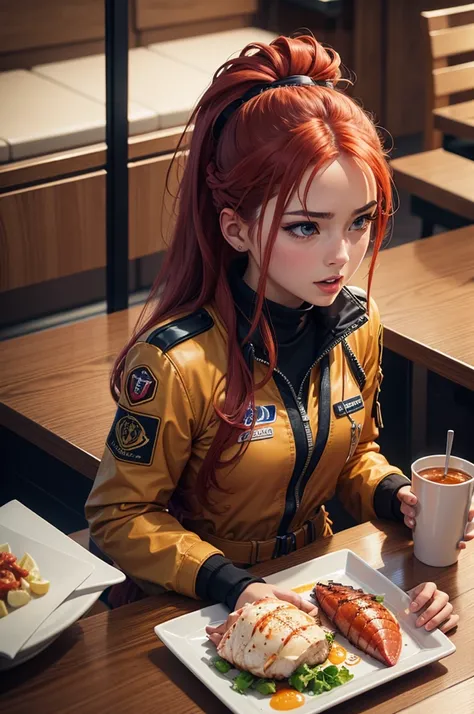 Evangellion Asuka (hair pulled back, iconic pilot suit) is in a seafood restaurant celebrating victory, on the table in front of her is a huge steamed lobster meal
