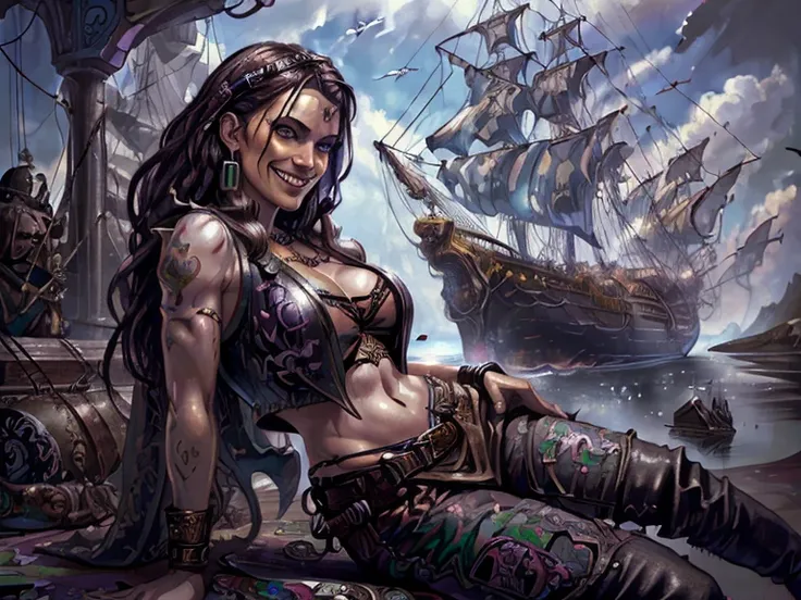 ((hyper-realistic illustration:1.4)), (dark fantasy), On bridge of ship. Sexy pirate lady, brunette, bandanna, earrings, leather vest, loose pants, boots, holding bottle of rum.((smile:1.3)). Masterpiece, best quality(highly detailed:1.2),(detailed face an...