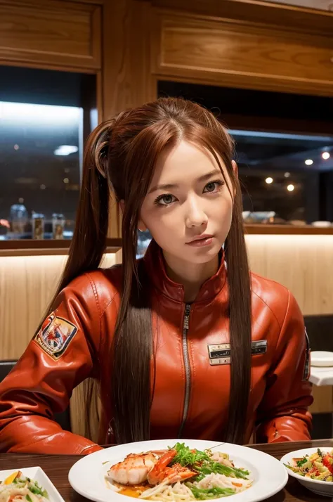 Evangellion Asuka (hair pulled back, iconic pilot suit) is in a seafood restaurant celebrating victory, on the table in front of her is a huge steamed lobster meal
