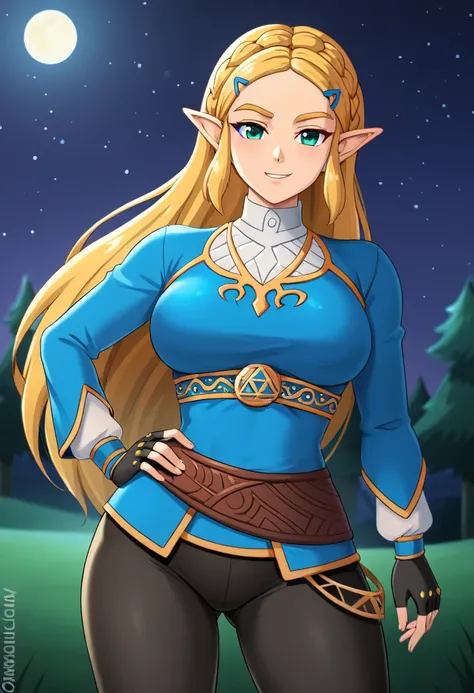 masterpiece, best quality, highres, aazelda, Princess_Zelda, long hair, crown braid, hairclip, pointy ears, blue shirt, long sleeves, fingerless gloves, black gloves, black pants, tight pants, night, standing, cowboy shot, outdoors, hand on hip,, sultry lo...