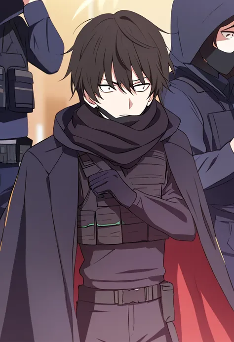 anime male, black messy hair, white eyes, black facemask covering both mouth and nose, black hoodie, black long scarf, black clo...