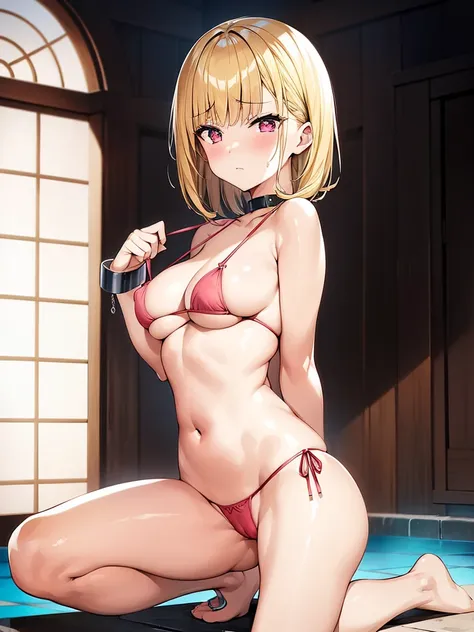 masutepiece, Detailed, Best Quality, Beautiful Girl, very small lace translucent bikini, Shackles, stock, Troubled face, big pool (prison), blonde sexy girl 1girl in, marin kitagawa character, blonde female, Blunt bangs, Big breasts, Amused expression, Loo...