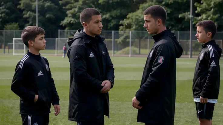 eden hazard standing coaching young players, eden hazard coach, soccer coach, black coat pent