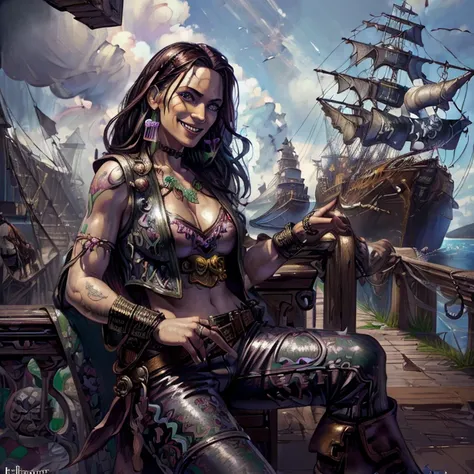 ((hyper-realistic illustration:1.4)), (dark fantasy), On bridge of ship. Sexy pirate lady, brunette, bandanna, earrings, leather vest, loose pants, boots, holding bottle of rum.((smile:1.3)). Masterpiece, best quality(highly detailed:1.2),(detailed face an...