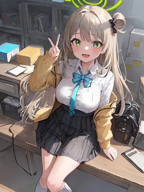 (masterpiece:1.2), best quality, highres, original, (extremely detailed:1.2), ultra-detailed, wallpaper, perfect lighting,(extremely detailed CG:1.2), 8k, anime illustration, 1girl, solo, nonomi (blue archive), (open the mouth, laughing, happy:1.2), school...