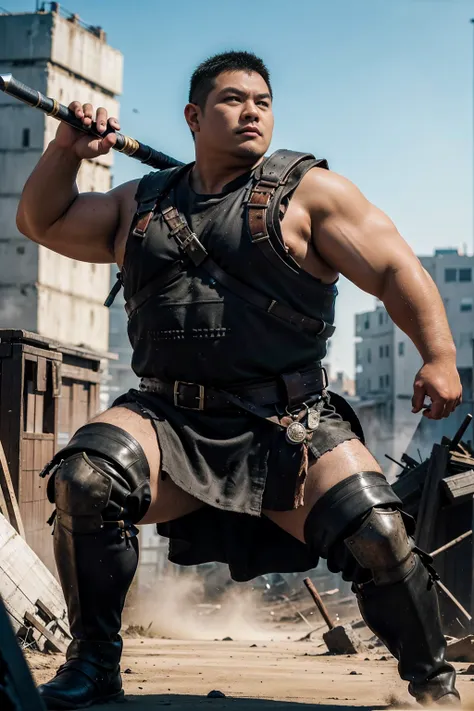 looking at us, Staring Intently, face focus, Bandit, Fat ferocious barbarian:2, This barbarian is a robust stocky Japanese, smirking, mid combat, intense battle scene, leather and iron armor, armored short skirt, holding a Viking War Axes, viking helmet, l...