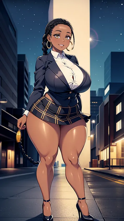 4K Quality, black woman, sexy smile, sexy pose, black plaid skirt, standing up, black african braids, dark skinned, thick thighs, big breasted, big ass, looking at viewer, braided hair, amber eyes, night time, on the sidewalk, full body, city background, p...