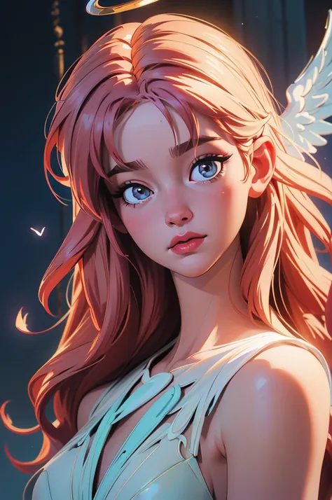 ((best quality)), ((realistic,digital art)), (hyper detailed) a beautiful angel woman with halo of light, semi-nude, intricate detailed face, delicate facial features, porcelain skin, ethereal, serene expression, elegant pose, feathered wings, graceful, di...