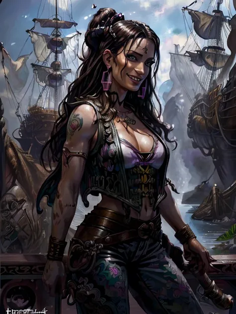 ((hyper-realistic illustration:1.4)), (dark fantasy), On bridge of ship. Sexy pirate lady, brunette, bandanna, earrings, leather vest, loose pants, boots, holding bottle of rum.((smile:1.2)). Masterpiece, best quality(highly detailed:1.2),(detailed face an...