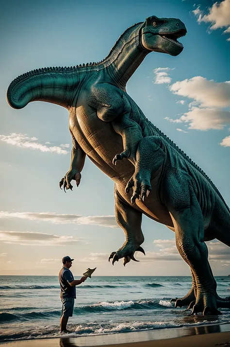 Father holding baby by the sea A large dinosaur emerged from the sea.