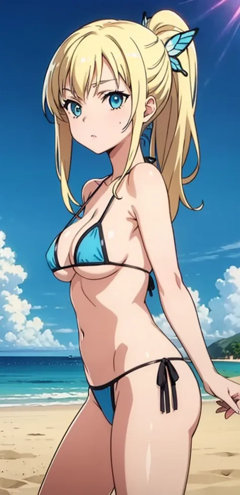 Seina Kashiwazaki, 1girl in, a blond, ponytail, butterfly hair ornament, (medium breast), Light blue micro bikini, (cowboy_shot), sand beach