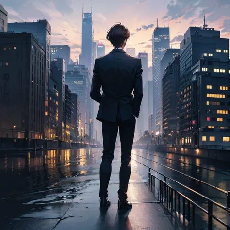 a man in a suit with short brown hair,standing with his back turned,in a city at night,(best quality,4k,8k,highres,masterpiece:1.2),ultra-detailed,(realistic,photorealistic,photo-realistic:1.37),cityscape,dark lighting,dramatic lighting,cinematic,moody,atm...