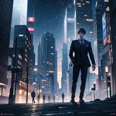 a man in a suit with short brown hair,standing with his back turned,in a city at night,(best quality,4k,8k,highres,masterpiece:1.2),ultra-detailed,(realistic,photorealistic,photo-realistic:1.37),cityscape,dark lighting,dramatic lighting,cinematic,moody,atm...