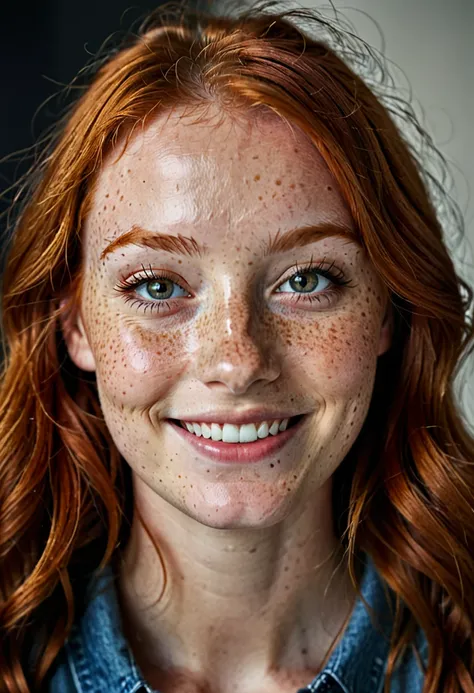 studio hi-tech,smile,happy,close up,(detailed eyes:0.8),(looking at the camera:1.4),interior,(ginger hair:1.3),dark studio,muted colors,freckles