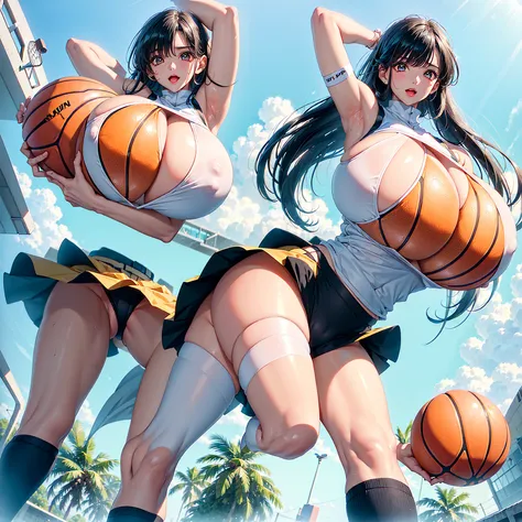 (gigantic breasts), (vulgarity)) ((large areolae)) (1girl), (vulgarity) (in heat) (sweat) (masterpiece) (high resolution)) (gigantic breasts),(1girl) beautiful girl,(cameltoe)(((gigantic breasts))),Basketball player a cartooned woman wearing a basketball j...