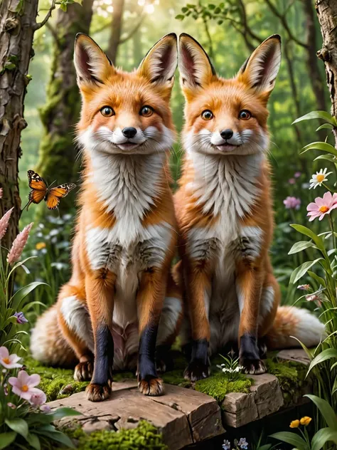 a high-resolution image featuring a realistic of big red (1fox) and little white (1rabbit) in a cheerful and happy setting. the ...