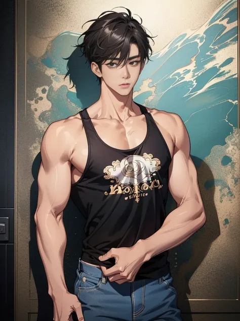  Best quality, High quality, A high resolution, 4K, Masterpiece, detailed face, handsome 29 year old korean man, tank top, he is now at home, full body